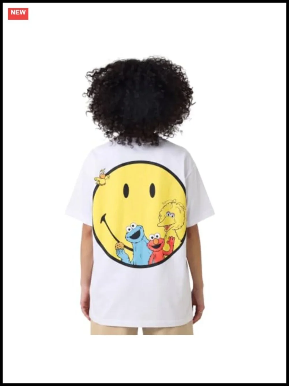 Oversized Graphic Tee Sesame Street Smiley Cotton Blend Crew Neck